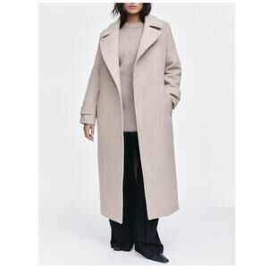 H&M Wool Blend Tie Belted Coat Trench Coat Cozy Regular Fit Beige Size XL